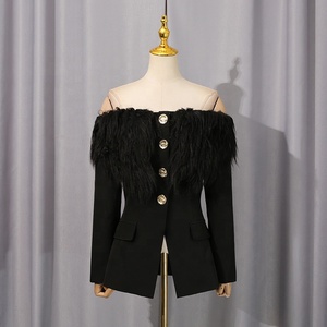 AIMEISI Nouvelle personnalité Street Style élégant une épaule <span class=keywords><strong>plume</strong></span> bouton irrégulier luxe <span class=keywords><strong>Blazer</strong></span> veste Blazers pour les femmes - Product Image 3