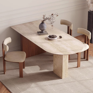 Tavolo <span class=keywords><strong>da</strong></span> <span class=keywords><strong>Pranzo</strong></span> Ovale in Pietra Sinterizzata <span class=keywords><strong>con</strong></span> Base in Legno Massello, Design in Marmo Stile Mid-Century, per Piccoli Soggiorni PJ2435 - Product Image 1