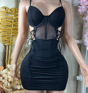 Robes de soirée décontractées pour femmes Viviblook Z807DS01, nouvelles robes mini plissées ajustées à la taille, à lacets croisés creux, à armature en os de poisson - Product Image 2