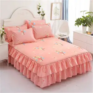 Rose Print Bed Skirt Pillow Cover 200CM*220 Double Lace Bed Cover Bedroom Bedding Dormitory Sheets L0209-1