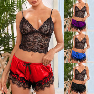 Completo Intimo Sexy da Donna in Raso a 2 Pezzi con Shorts e Reggiseno in Pizzo Vita Elastica per Casa e Notte Estiva Tentazione Trasparente Erotica - Product Image 2