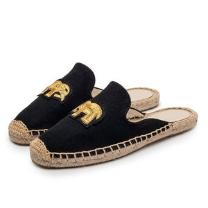 Mules plates noires pour femmes, bout fermé, en toile, broderie éléphant <span class=keywords><strong>doré</strong></span>, à enfiler, tressées, style espadrille d'été - Product Image 3