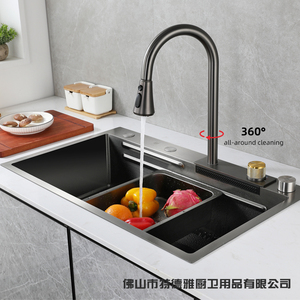 Đa chức năng Bồn Rửa Nhà Bếp 304 thép không gỉ bồn rửa nhà bếp Vòi nước hiện đại thác nước màu đen lượng mưa bát đơn Bồn Rửa Nhà Bếp thiết lập - Product Image 5