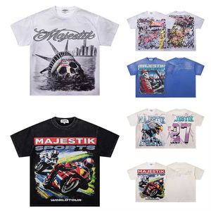 Shining Rhinestone MAJESTIK Men's T-Shirt Washed Cotton Short Sleeve American High Street Oversized Hip Hop Casual Graphic Shirt - Product Image 2