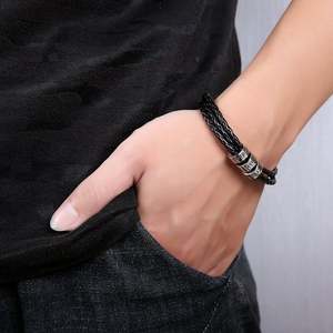 Personalizzata In Acciaio Inox Uomini Braid Braccialetto Nero con Piccolo Personalizzata Perline <span class=keywords><strong>Accessori</strong></span>, Braccialetto di Cuoio - Product Image 3