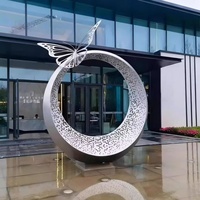 Escultura de Anillo de Ángel de Acero Inoxidable Pulido a Espejo Grande, Moderna Fuente de Agua para Exteriores, Estatua de Arte Paisajístico Personalizada con Fundición