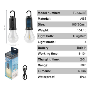 ABS di động IP65 không thấm nước ngoài trời Lều ánh sáng năng lượng mặt trời Powered <span class=keywords><strong>LED</strong></span> Cắm trại Đèn năng lượng mặt trời Vườn ánh sáng bóng Đèn Retro vonfram bóng đèn - Product Image 2
