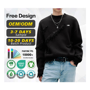 Pull d'hiver en coton respirant pour homme certifié BSCI avec logo personnalisé sur le devant, col rond, design à franges déchirées, tricoté - Product Image 1