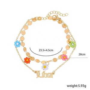 Gaby – bracelets de cheville colorés fleur pendante, bracelet de plage de pied avec double chaîne, bracelet de cheville zodiaque pour femmes, vente en gros, bijoux de corps - Product Image 4