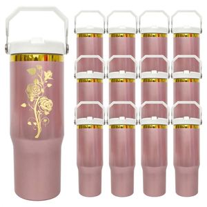Bouteille d'eau isotherme en acier inoxydable de 30 oz, couleur or rose miroir, avec paille rabattable, pour gravure laser - Product Image 1