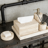 Ensemble d'accessoires de salle de bain en travertin, 5 pièces : distributeur de savon, plateau de toilette, diffuseur d'arômes, boîte à mouchoirs (beige)