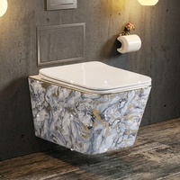Nouvelle Tendance du Marché : Toilettes Murales de Luxe à Motif Marbre Doré, Cuvette WC en Céramique avec Couvercle Doré pour Salle de Bain