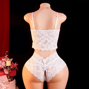 Conjunto de Pijama de Dos Piezas con Encaje Floral, Estilo Europeo Americano, Sexy y Atractivo, con Escote en V y Abertura en la Entrepierna, para Mujer - Product Image 4