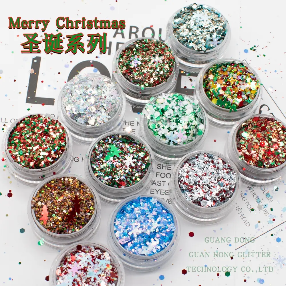 New Design Nail Craft Festival Decoration Snowflake Chunky Mixed Christmas Glitter Powder Party Supplies Flash Christmas Tree