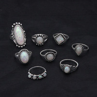 Ensemble de 8 bagues bohèmes, style rétro ethnique, couleur, grande bague à gemme, ensemble de bagues géométriques, bijoux