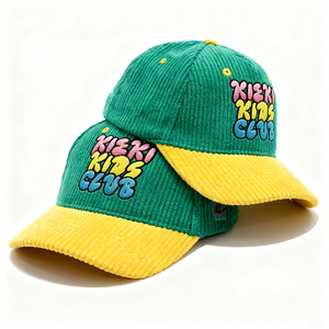 Gorra de Béisbol de Pana para Niños y Niñas, Personalizable, Informal, de Moda, de 5 Paneles, con Bordado 3D en Dos Tonos Verde y Amarillo - Product Image 1