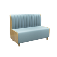 Ensemble table et chaises en bois XZY, banquette en cuir bleu clair, mobilier commercial minimaliste pour café et salon de thé