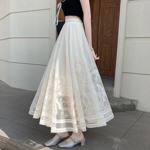 النمط الياباني الرجعية أنيقة تنوعا شبكة الدانتيل للنساء الصيف عالية الخصر التخسيس تنورة طويلة خط طبيعي - Product Image 5