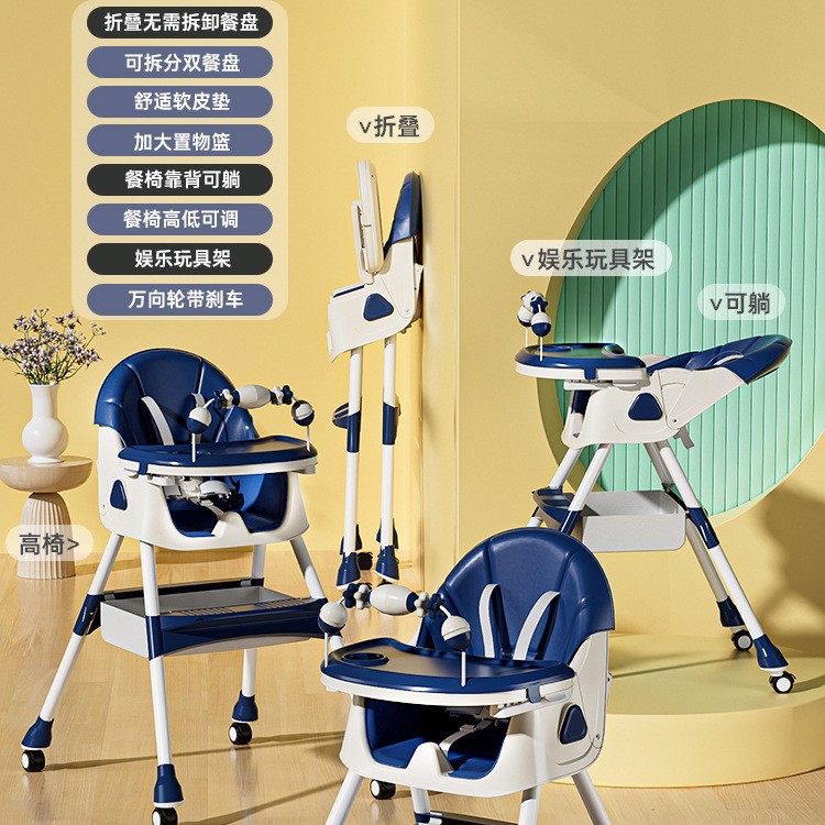 Green dining chair with cushion, toy shelf, and wheels.