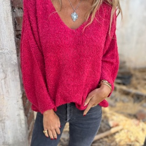 2025 Women's American Retro Cozy V-Neck Sweater | Fluffy Loose <b>Lantern</b> Sleeve Pullover,Low Minimum Quantity Factory Direct <b>Sales</b> - Product Image 2