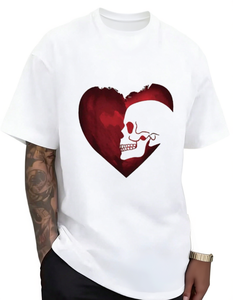 T-shirt unisex con stampa cuore e teschio, in morbido cotone, girocollo, manica corta, vestibilità comoda, lavabile in lavatrice, taglie S-XXXXL - Product Image 1