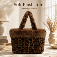 Sac fourre-tout en peluche imprimé léopard OEM pour femme, grande capacité, sac à main à poignée supérieure en fourrure, col en fourrure moelleuse, tendance automne-hiver