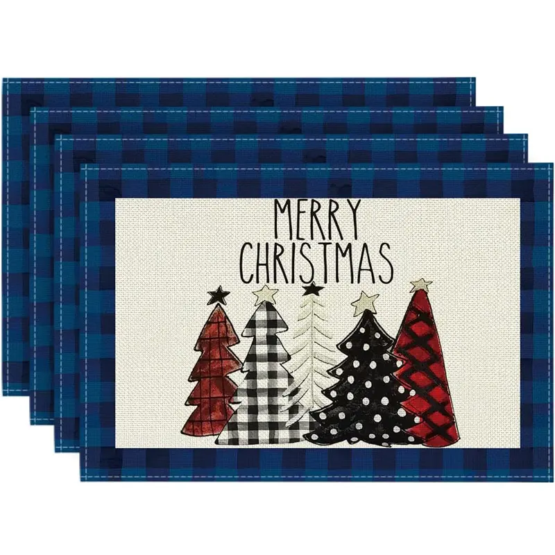 Plaid Christmas Eat Mat Holly Pine Cones Christmas Balls Placemats Christmas Table Mat for Party Kitchen Dining Decor
