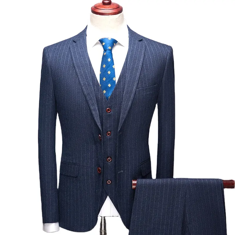 OEM Formal High Quality Suit 3 Pieces Wedding Wool Striped Men Suits Italian Slim Fit Business Men'S Suits