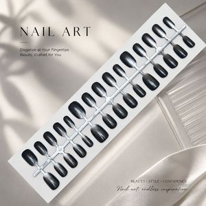 Ongles press-on de luxe noirs effet clair de lune, forme amande œil-de-chat, prêts à poser, très tendance, kit pré-fabriqué, scintillants et éblouissants - Product Image 2
