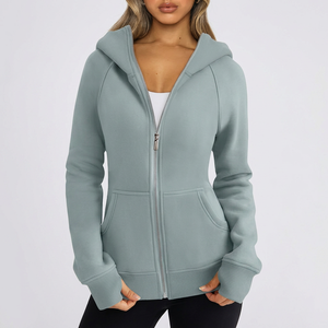 Sudadera con Capucha y Cierre Completo para Mujer, Corte Regular, Color Sólido, Tejido de Algodón y Fibra de Bambú, Ropa de Otoño - Product Image 1