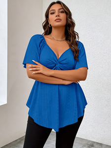 Top Peplum para Mujer, Tallas Grandes, Azul Rey, con Cuello en V, Detalle Trenzado Frontal, Manga con Volantes, Bordado de Ojales y Dobladillo Asimétrico - Product Image 1