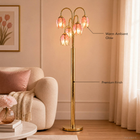 Lampadaire design 5 têtes en forme de tulipe, abat-jour en vitrail, base E26, support métallique, lumière d'appoint pour salon