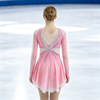 Robe de patinage artistique rose clair, manches longues en maille, jupe décorée de strass pour enfants et adultes, compétition de patinage sur glace, performance