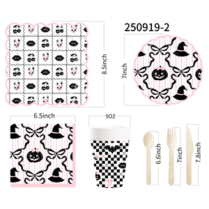 Juego de Vajilla Rosa DAMAI para Fiesta de Halloween con Decoraciones de Cerezas y Lazos, Incluye Platos, Vasos y Servilletas de Papel para 8 Personas - Product Image 6