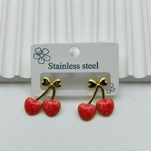 Hot-selling Oil-drop Style Cherry Simulated Sweet 18k Gold Stainless Steel <b>Red</b> Green <b>Earrings</b> Wholesale - Product Image 5