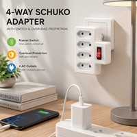 Adaptador en Forma de T Blanco con Certificación TUV SUD, 1 Entrada Schuko, 4 Tomas Tipo C Europeas, Interruptor Basculante Rojo de 2.5A