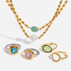 Collier élégant en acier titane avec anneaux en pierre naturelle, design géométrique à perles, ensemble de bijoux unisexe tendance - Product Image 1