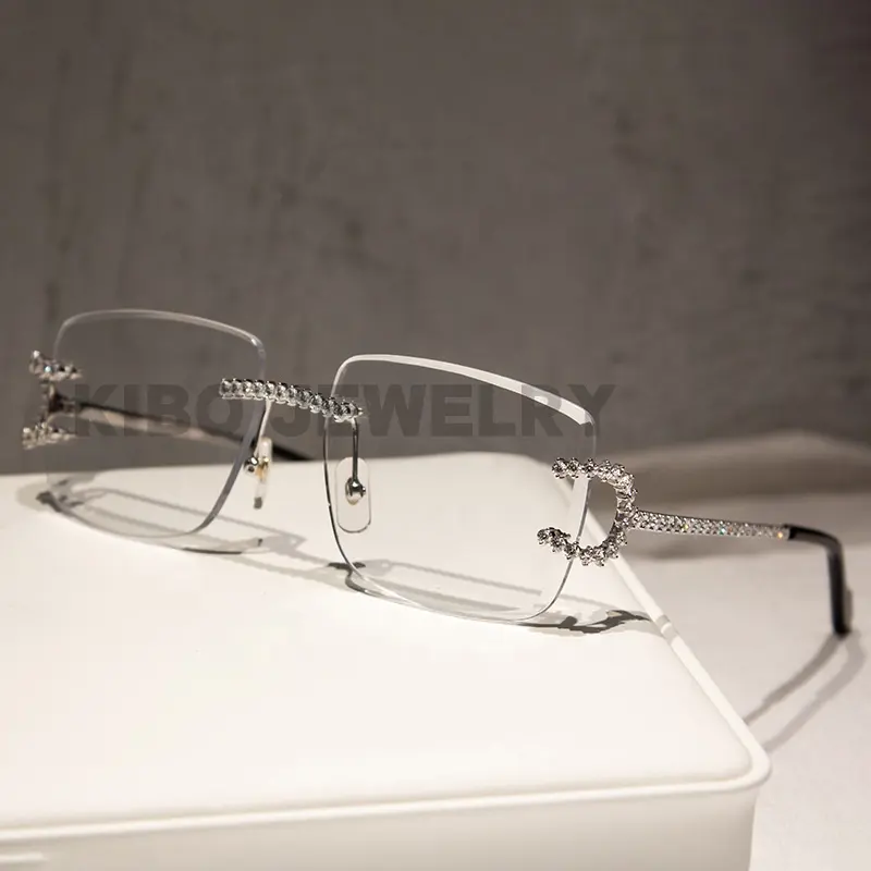 Hip Hop Rapper Glasses Clear Lens Rimless 10Points Iced Out VVS Moissanite Glasses