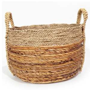 <b>Large</b> Round Two-Tone Wicker Storage <b>Basket</b> with Handles, Handwoven Natural Seagrass Laundry Hamper and Blanket Bin - Product Image 1