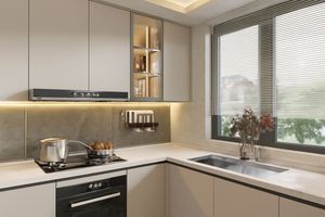 Ensemble d'armoires de cuisine sans couture SANTOPOVA, comptoir en quartz sur mesure, portes sans poignée, panneau en mélamine, évier inclus - Product Image 6