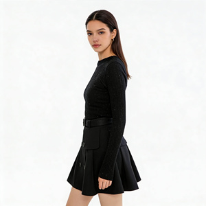 Minifalda plisada negra de cintura alta para mujer, <span class=keywords><strong>con</strong></span> doble botonadura, cinturón, bolsillo asimétrico, estilo casual, corte en A - Product Image 2