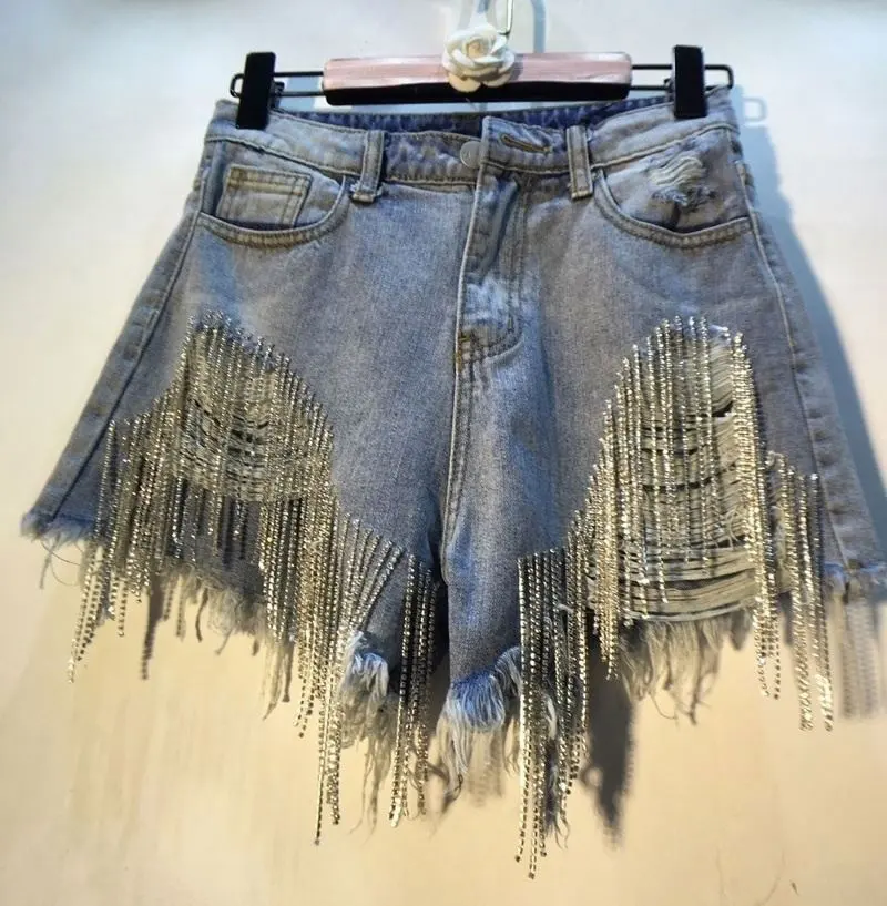 2023 Neuankömmling Frauen Denim sexy Strass Quaste Kette unregelmäßige Perlen Shorts Jeans für Frauen