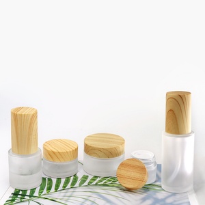 Empty Refillable Frosted <b>Glass</b> Cosmetic Cream Lotion Pump <b>Bottles</b> <b>With</b> Wood Grain <b>Lid</b> for Emulsion Essence Liquid - Product Image 1