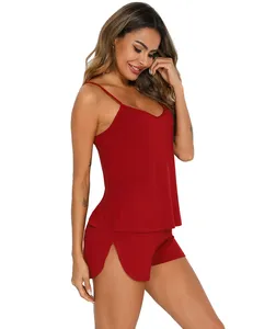 Novo Conjunto de Pijama Feminino de Algodão Duas Peças com Vestido Tomara que Caia de Cor Sólida Sexy - Product Image 5