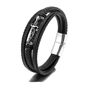 Fashion Jewelry Wholesale Handmade Stainless Steel Leather Custom Logo Bracelet