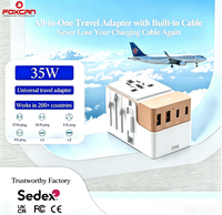 Adaptateur de voyage universel FOXCAN GAN PD 35W avec 2 ports Type C, 2 ports USB-A et câble rétractable Type C, prise US AU UK JP pour les voyages