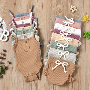 Ensemble côtelé en coton pour bébé d'été, 100% coton, barboteuse à manches courtes pour tout-petit, ensembles de robes pour bébé fille, ensembles de vêtements d'été pour bébé fille - Product Image 2