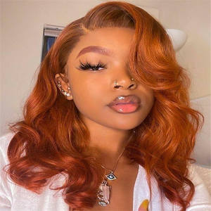 Perruque avant en dentelle de cheveux brésiliens pour les femmes longue perruque ondulée de vague de corps orange gingembre avec dentelle transparente - Product Image 1