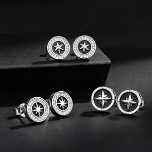 Black Enamel Compass Star Coin Earrings 925 <b>Silver</b> <b>Stud</b> Ear Jewelry for Gift and Travel Theme Iced Out Hiphop Earrings - Product Image 6