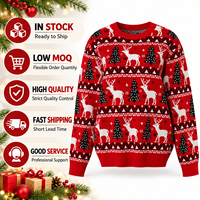 Pull de Noël en tricot 100 % acrylique à motif renne et sapin de Noël, assorti pour toute la famille, faible MOQ, en stock, pas cher